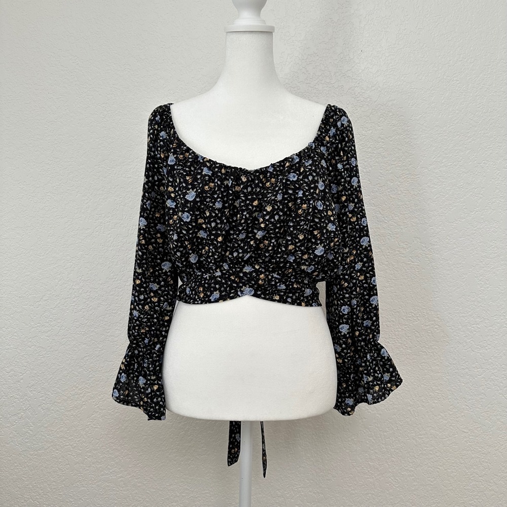 Wild Jasmine Babydoll Crop Top Women 1XL Black Floral Long Sleeve Tie Back